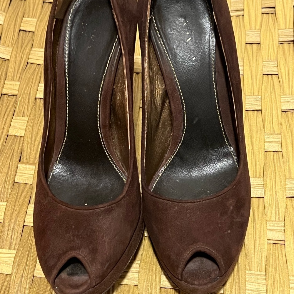 Prada brown suede peep toe pumps
